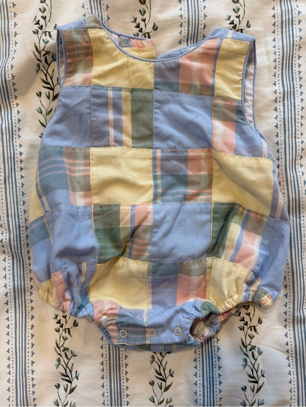 The Beaufort Bonnet Company Pastel Patchwork Romper - Blue, Yellow, Pink, Green